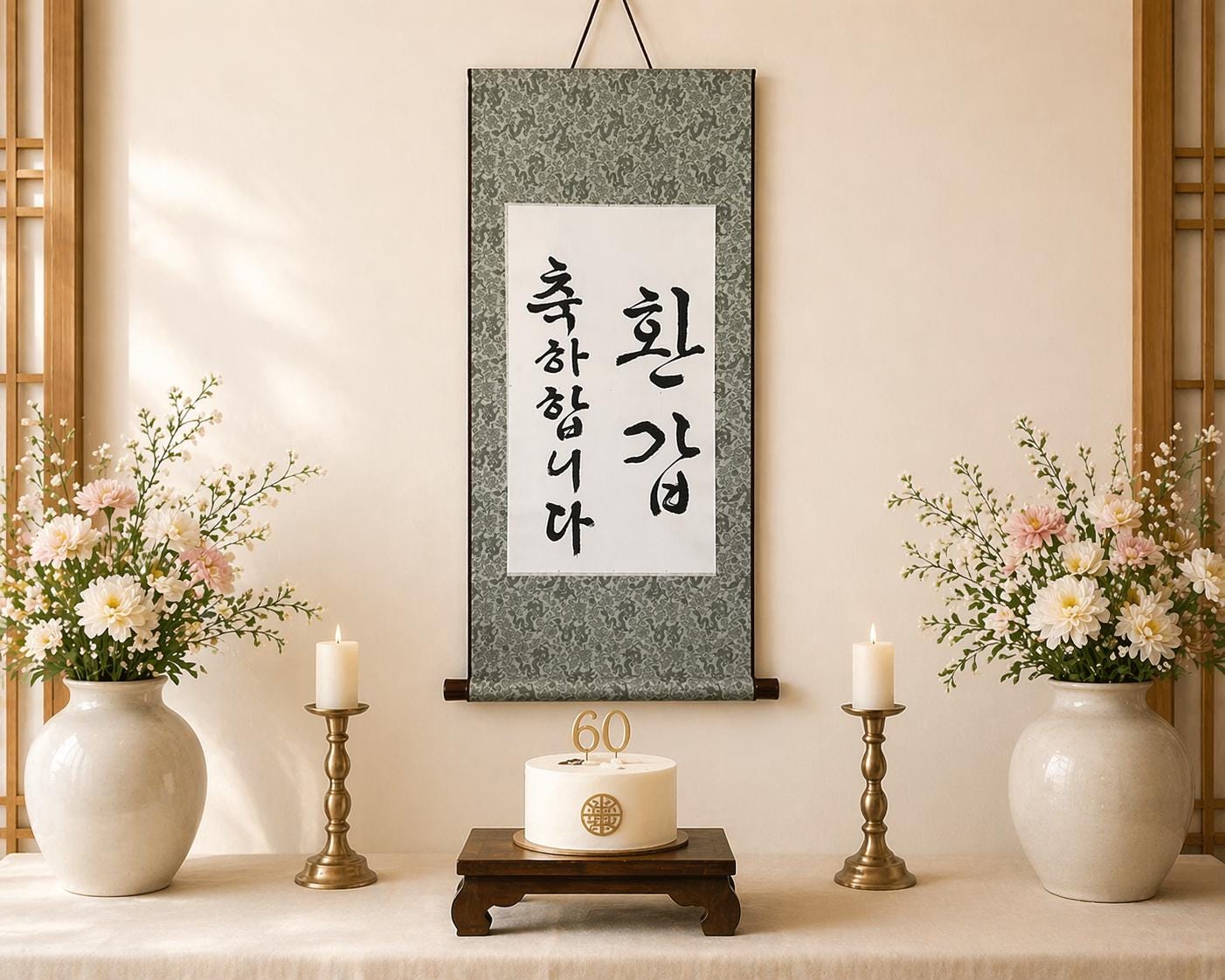 Korean Calligraphy Scroll | Happy Birthday in Korean | Handmade Korean Art | Traditional Ink Painting Decor | Meaningful Birthday Gift