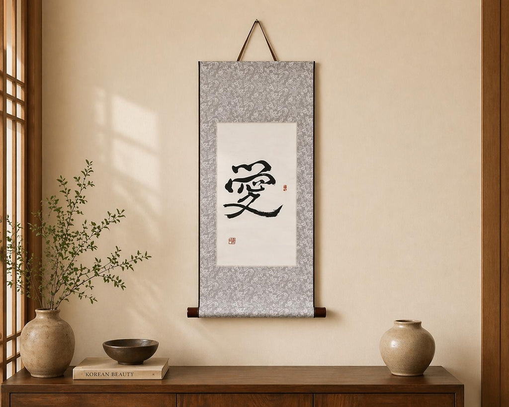 Chinese Calligraphy Scroll Wall Art | Love | 愛 | Minimal Ink Art | Japanese Shodo Ink Art| Asian Zen Home Decor | Gift Wrap