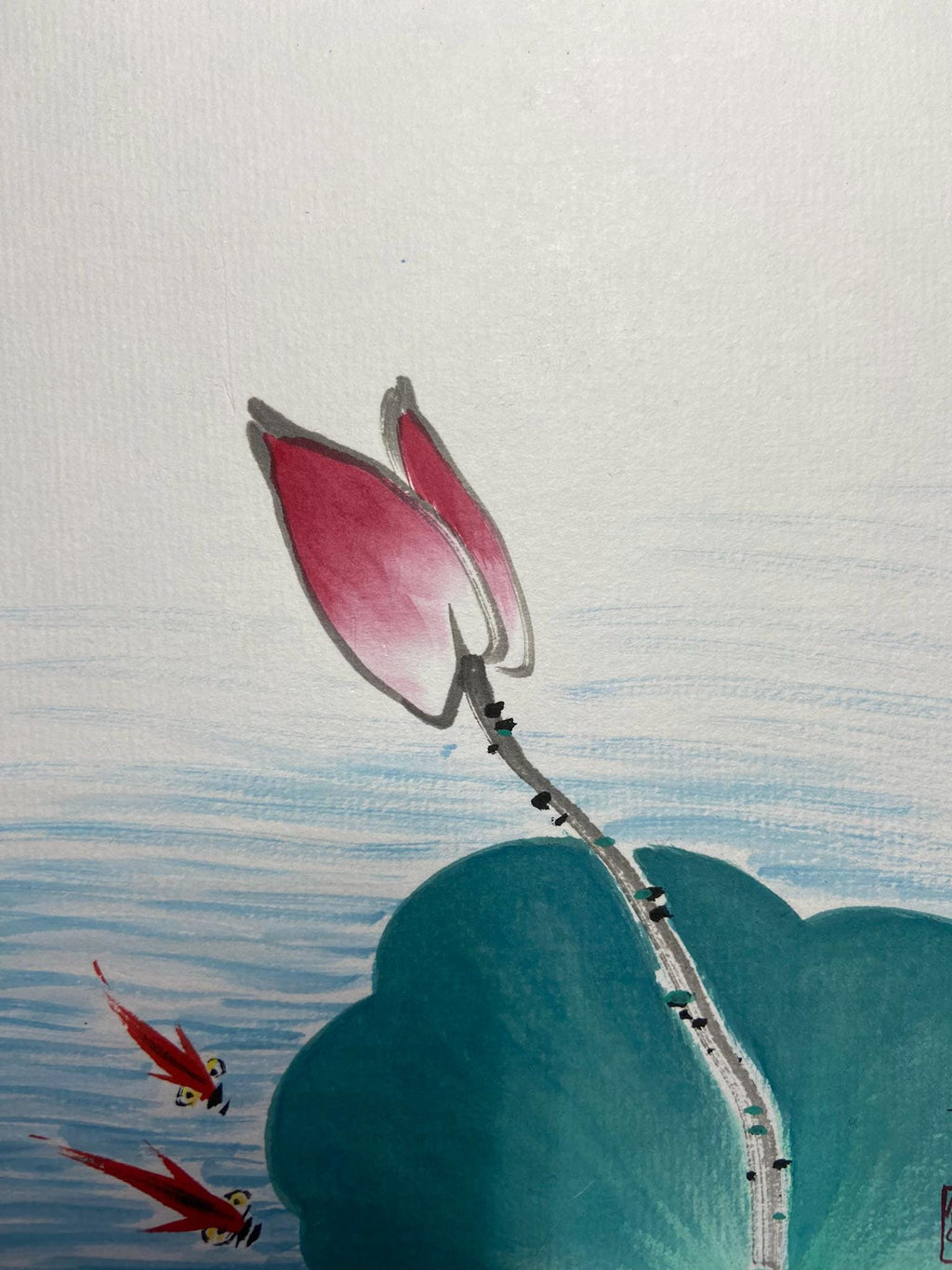Lotus Bud and Fish Traditional Ink Art, Peaceful Korean Landscape Traditional Asian Art, Korean Traditional Wall Decor, Minimalist Ink Art