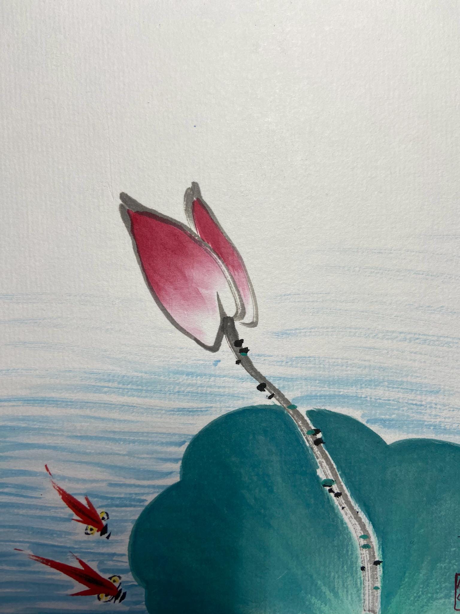 Lotus Bud and Fish Traditional Ink Art, Peaceful Korean Landscape Traditional Asian Art, Korean Traditional Wall Decor, Minimalist Ink Art