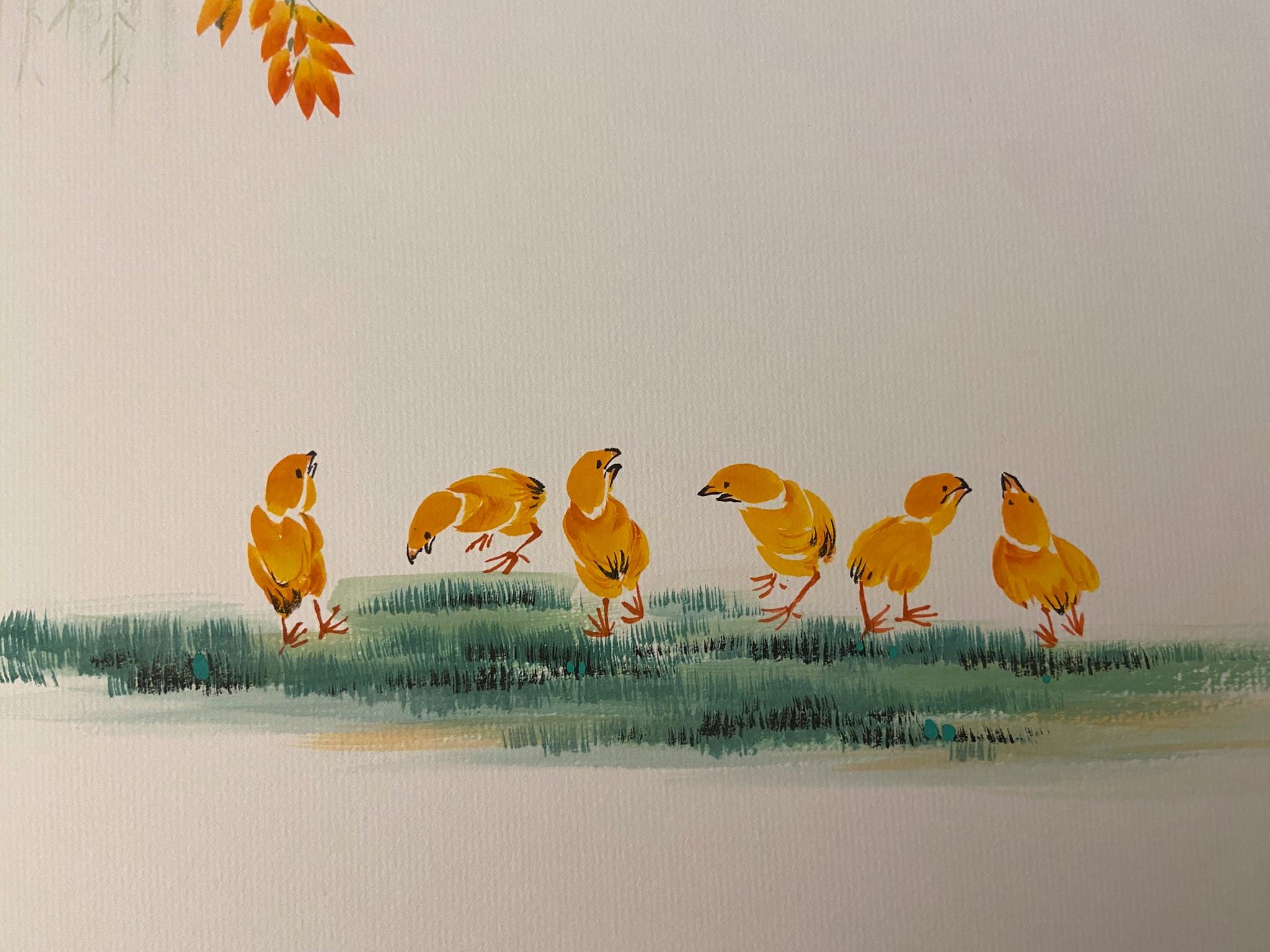 Large Original Nursery Wall Art (16x12.5 in), Baby Chicks Watercolor Painting, Korean Calligraphy Artwork, One of a Kind Kids Room Decor