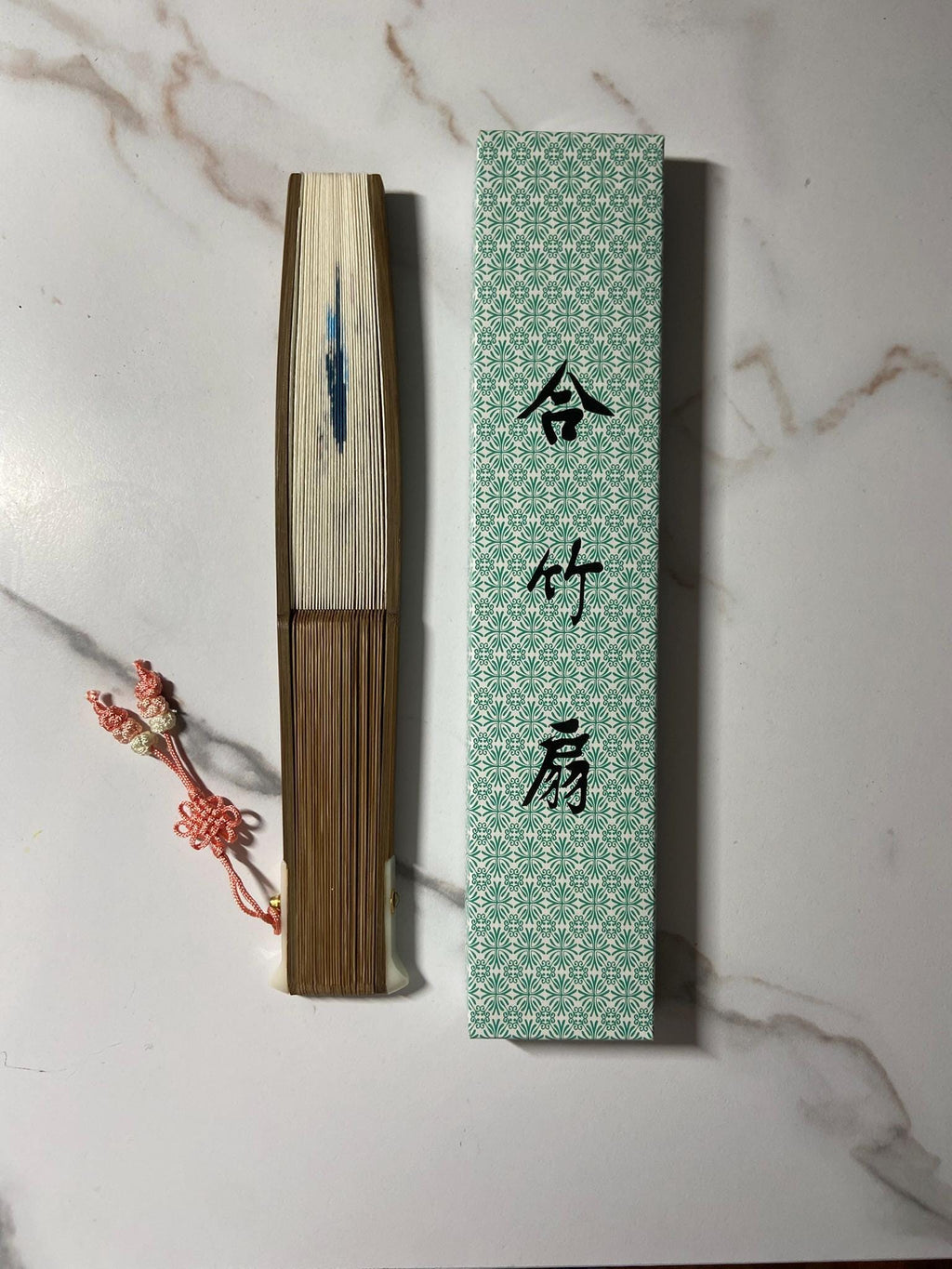 Hand-painted Korean Folding Fan: Mountain Landscape Art, Tassel