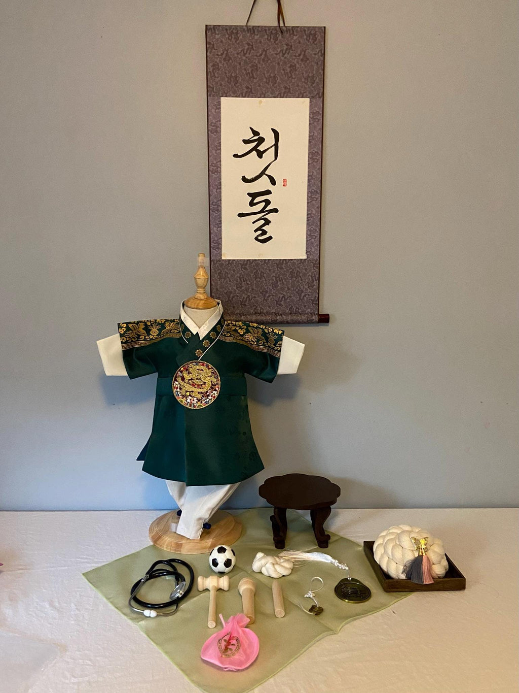 Mini Korean Dol Rental | 100 Days Table Rental | Personalized Name Scroll | Silk Thread Cake | Soban | Doljabi Kit | Hanbok | Dohl party