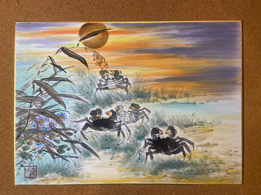 Korean traditional art, Korean folk painting, Traditional Asian Ink Wash Art, Korea wall decor, Crabs at Sunset with Bamboo Wildflowers