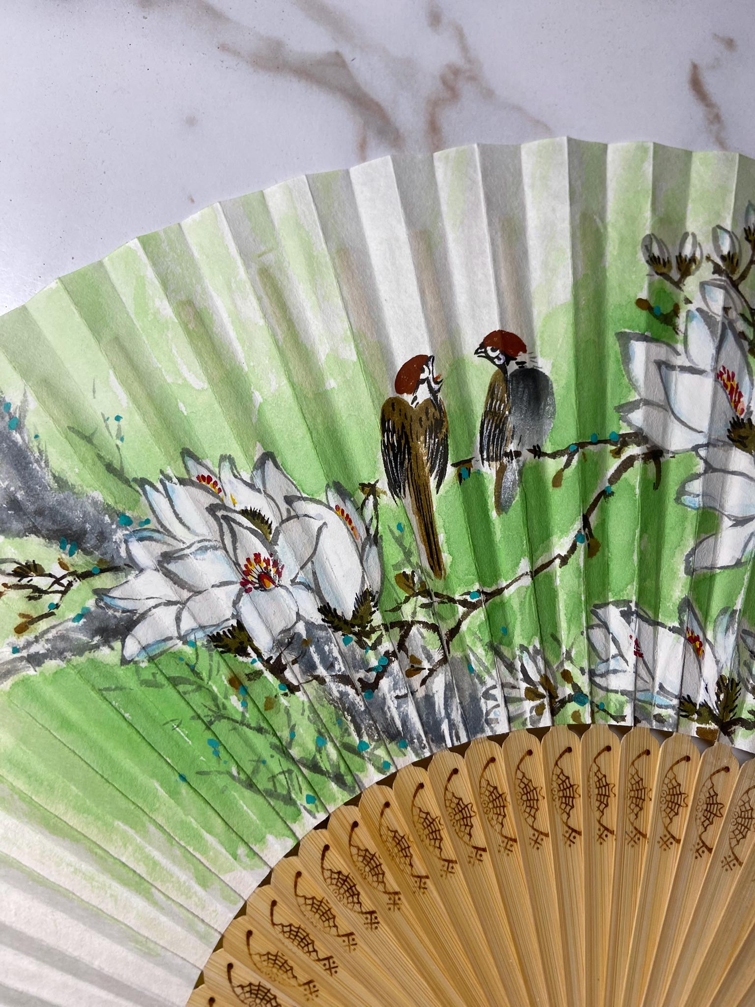 Hand-Painted Magnolia Blossom Korean Fan: Asian Wall Art with Calligraphy