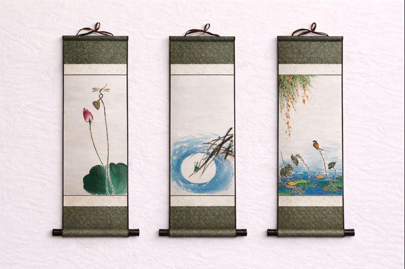 Traditional Korean Hanging Scroll Set | Lotus | Moonlit |Cricket | Pond | Little Birds | Hand-Painted Asian Wall Art | Minimal Home Decor