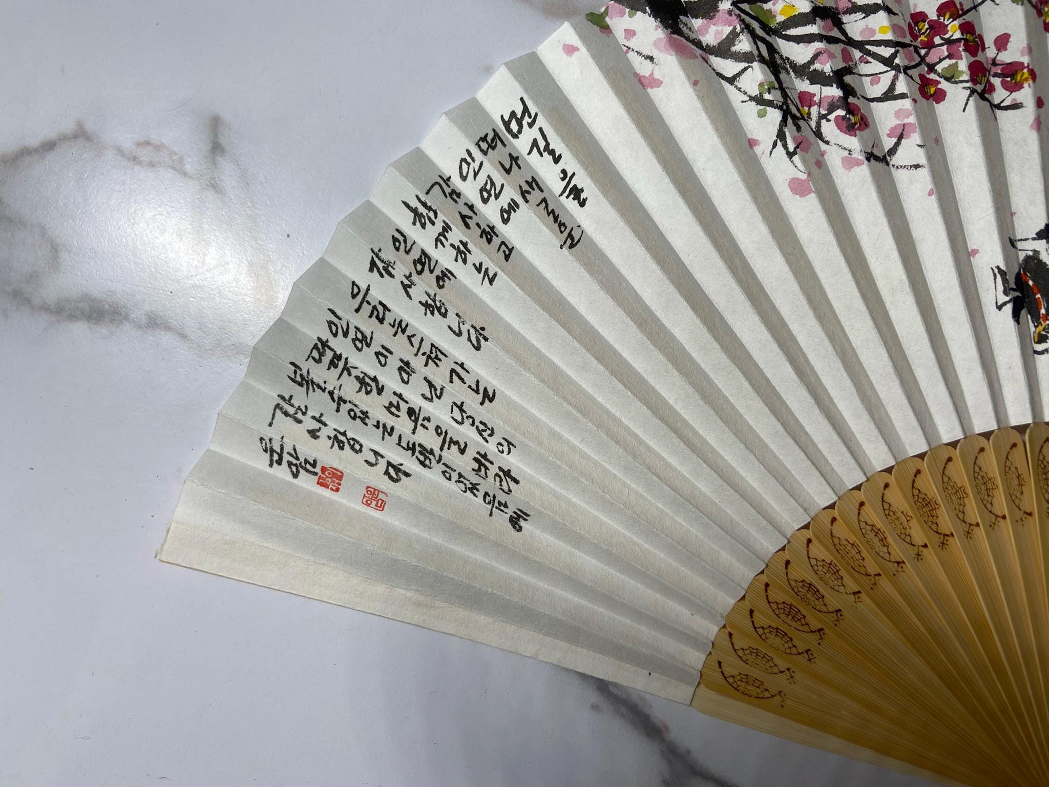 Hand Painted Korean Folding Fan: Ox & Boy, Plum Blossoms