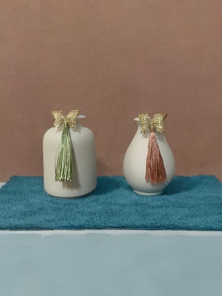 Mini White Ceramic Vase Set: Korean Table Decor with Tassels