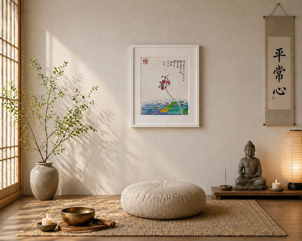 Korean Lotus Pond Painting with Calligraphy | Koi Fish Art | 8x10 Framed Wall Art | Handmade Ink Artwork | Zen Decor | Meditation Gift