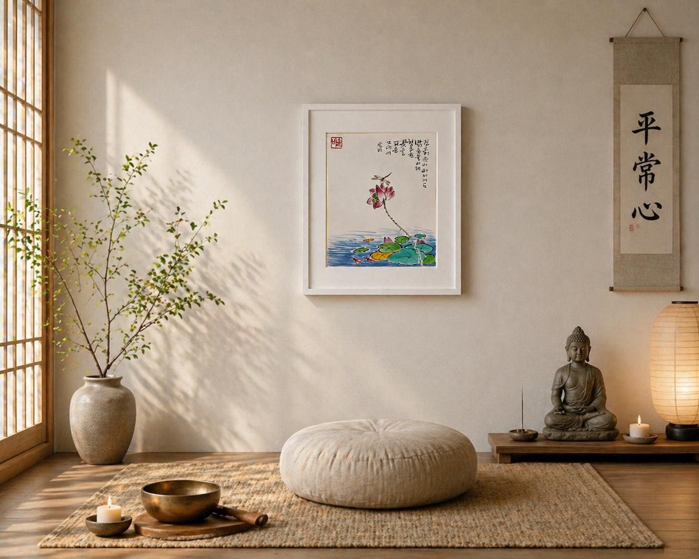 Korean Lotus Pond Painting with Calligraphy | Koi Fish Art | 8x10 Framed Wall Art | Handmade Ink Artwork | Zen Decor | Meditation Gift