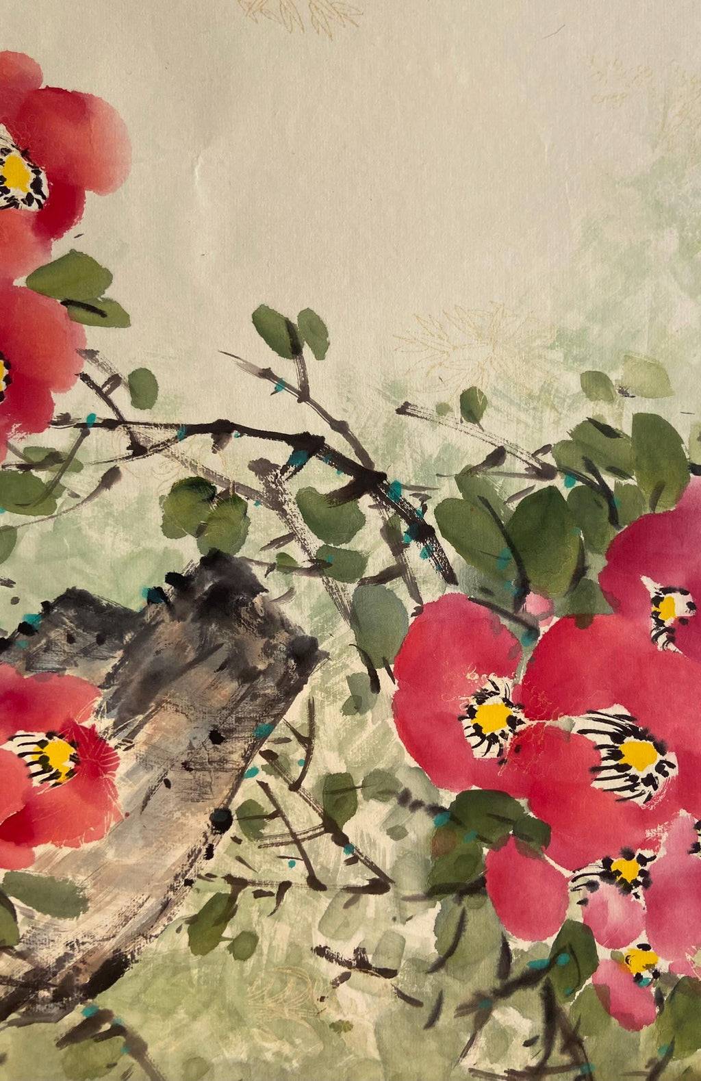 Hand drawing Korean traditional art, Korean folk painting, Korean Traditional landscape painting, Wall decor, Unique Gift, Camellias, Minwha