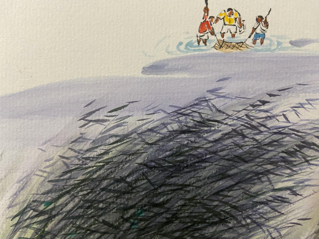 Fishermen, Mountain Village, Nature Scene, Original Asian Art, Korean Watercolor Landscape, Traditional Korean ink painting, Calligraphy Art