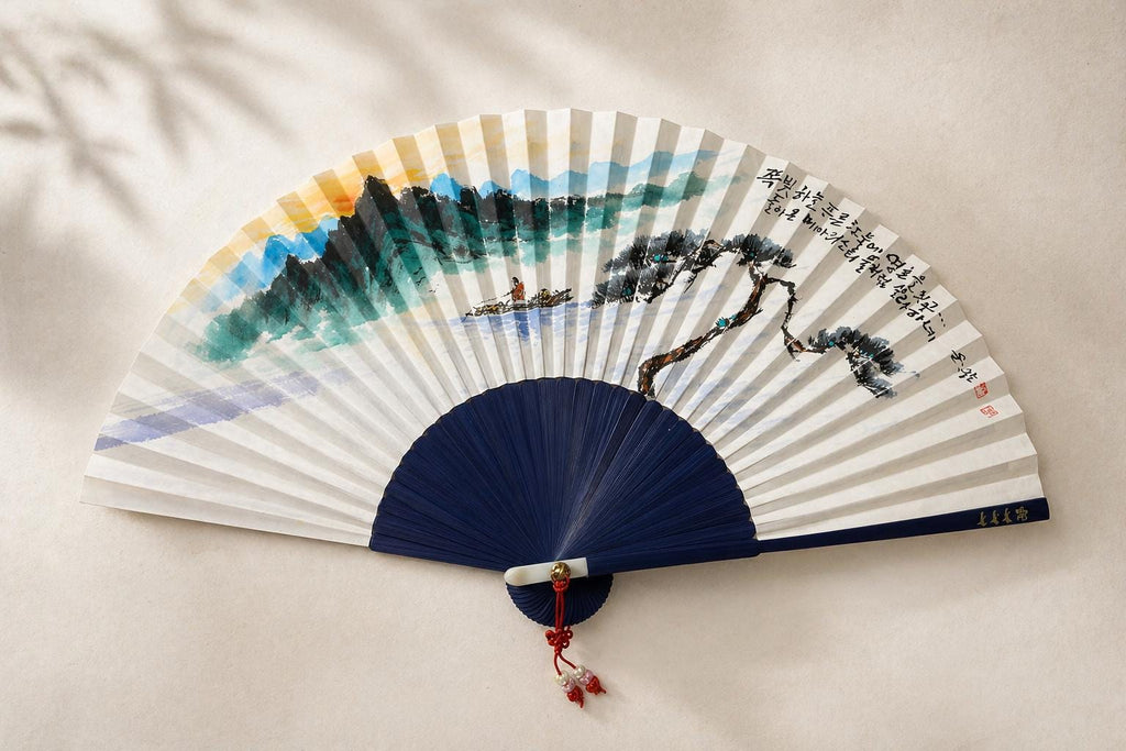 Korean Pine Tree Folding Fan, Hand Painted Landscape Fan, Korean Calligraphy Art, Asian Wall Decor, Handmade Gift