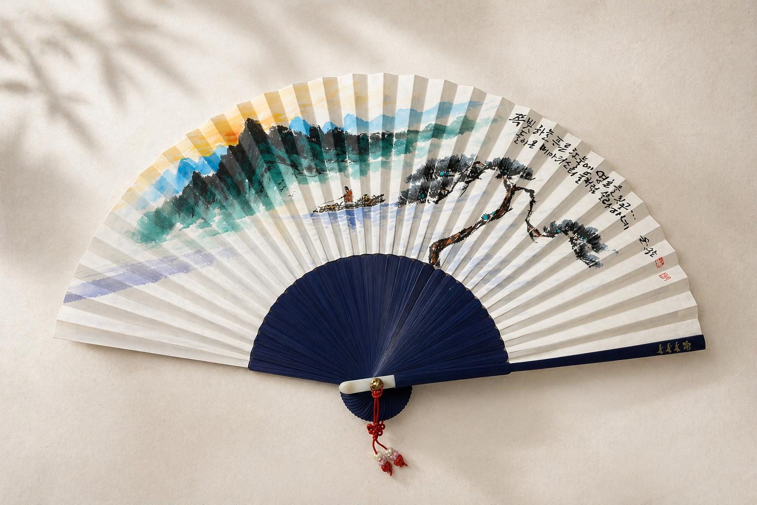 Korean Pine Tree Folding Fan, Hand Painted Landscape Fan, Korean Calligraphy Art, Asian Wall Decor, Handmade Gift