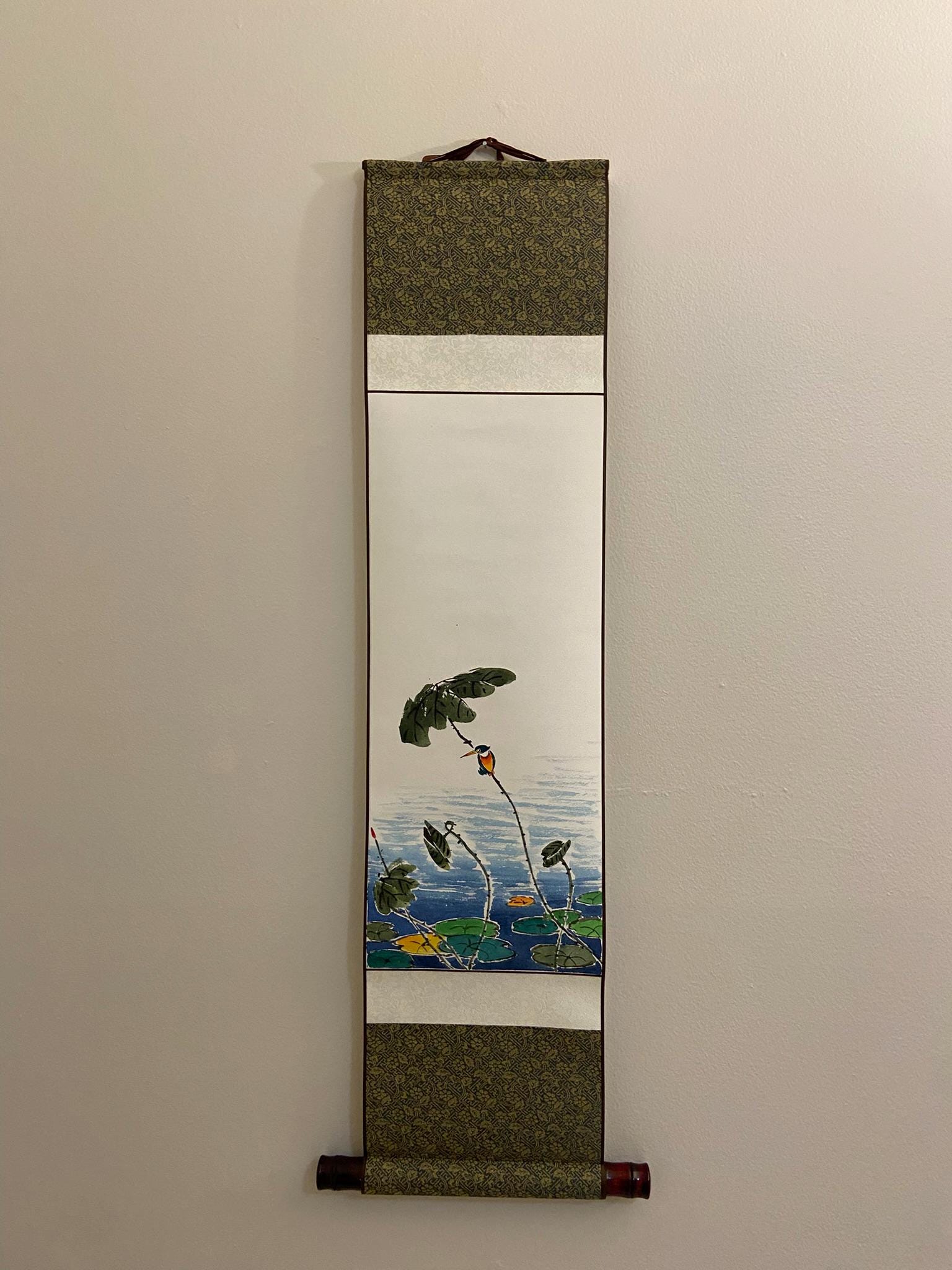 Traditional Korean Hanging Scroll Set | Lotus | Moonlit |Cricket | Pond | Little Birds | Hand-Painted Asian Wall Art | Minimal Home Decor