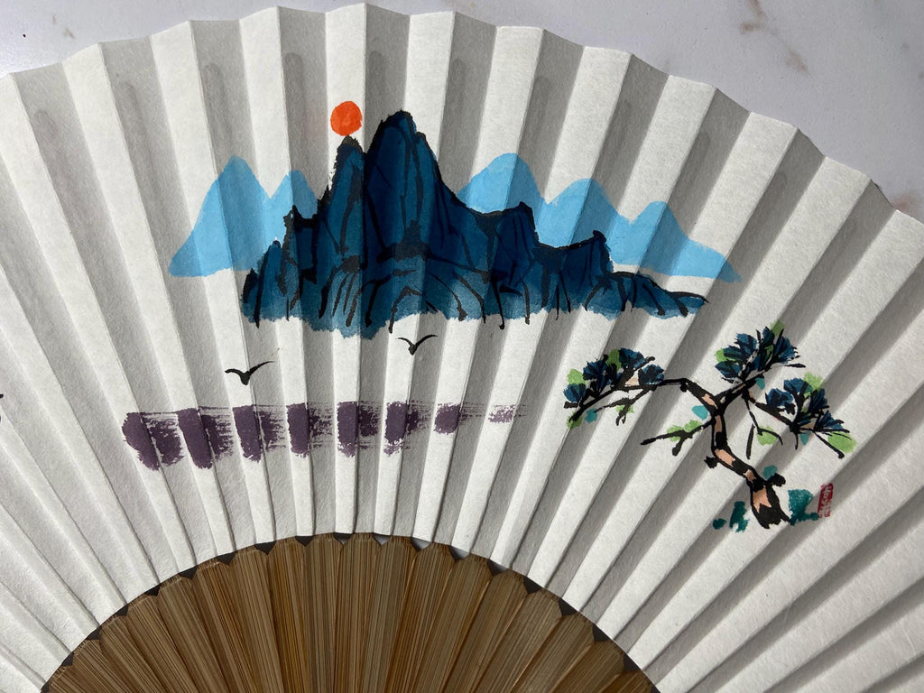 Hand-Painted Korean Folding Fan: Mountain Landscape Art, Silk Tassel