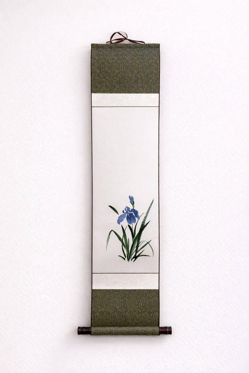 Asian Hanging Scroll Wall Art | Floral Ink Painting Artwork | Japanese Iris | Zen Decor | Vertical Scroll | Korean Calligraphy