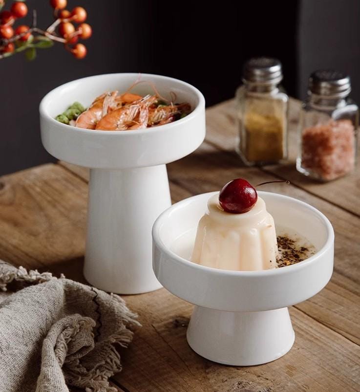 Glossy White Ceramic Pedestal Bowls Set of 2, Korean Doljanchi Dol Tableware, Modern Party Display Dishes, Dessert, Fruit, and Snack Stands