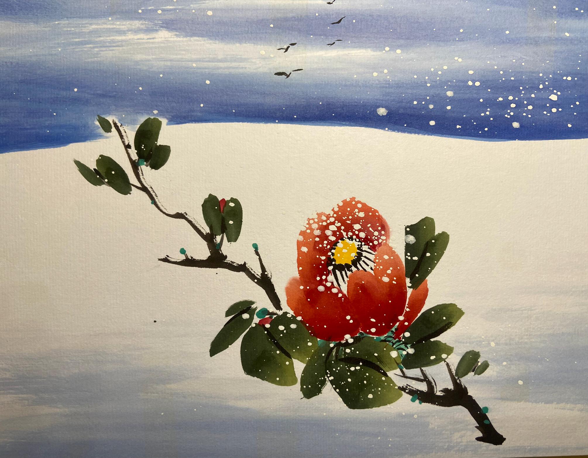 Snowy Red Camellia Painting, Winter Flower Ink and Watercolor Art, Peaceful Floral Wall Decor, Korean folk painting, Korean Wall Decoration
