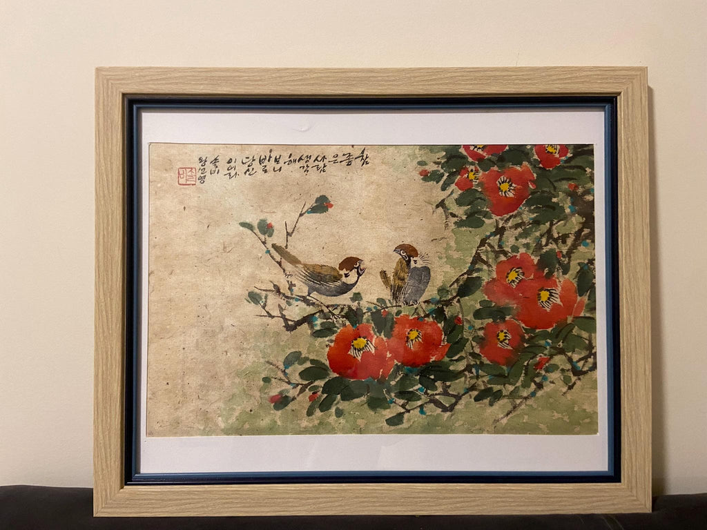 Korean traditional art, Korean folk painting, Korean Traditional landscape painting, Korea wall decor, Minhwa, Unique Gift, Sparrow & Flower