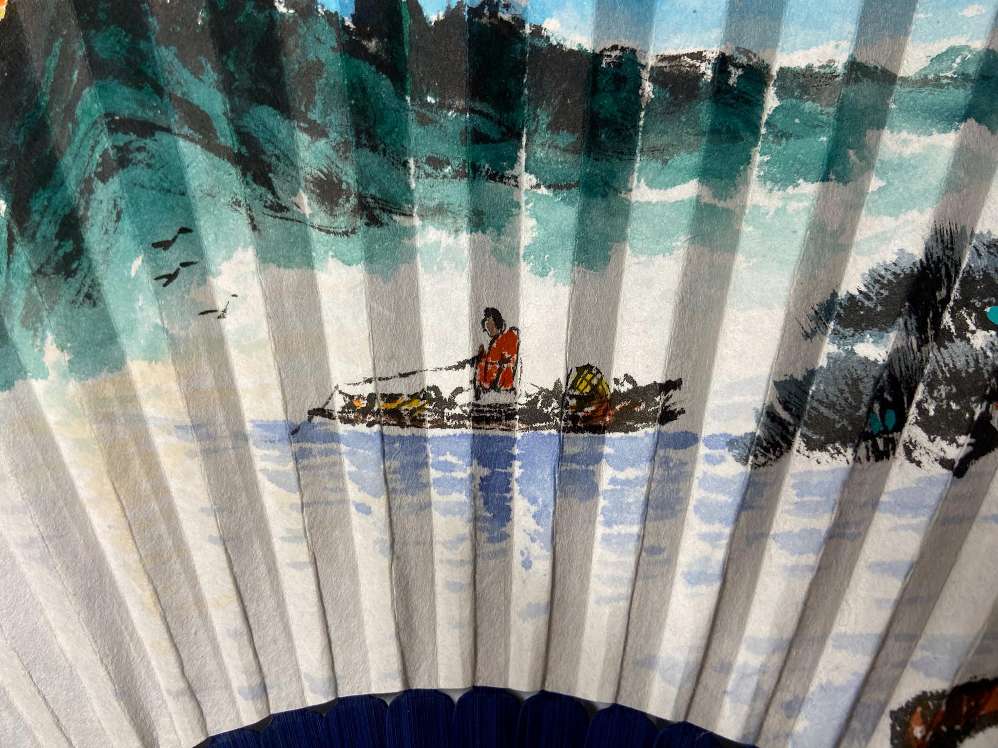 Korean Landscape Painting Fan: Pine Tree, Calligraphy, Asian Art