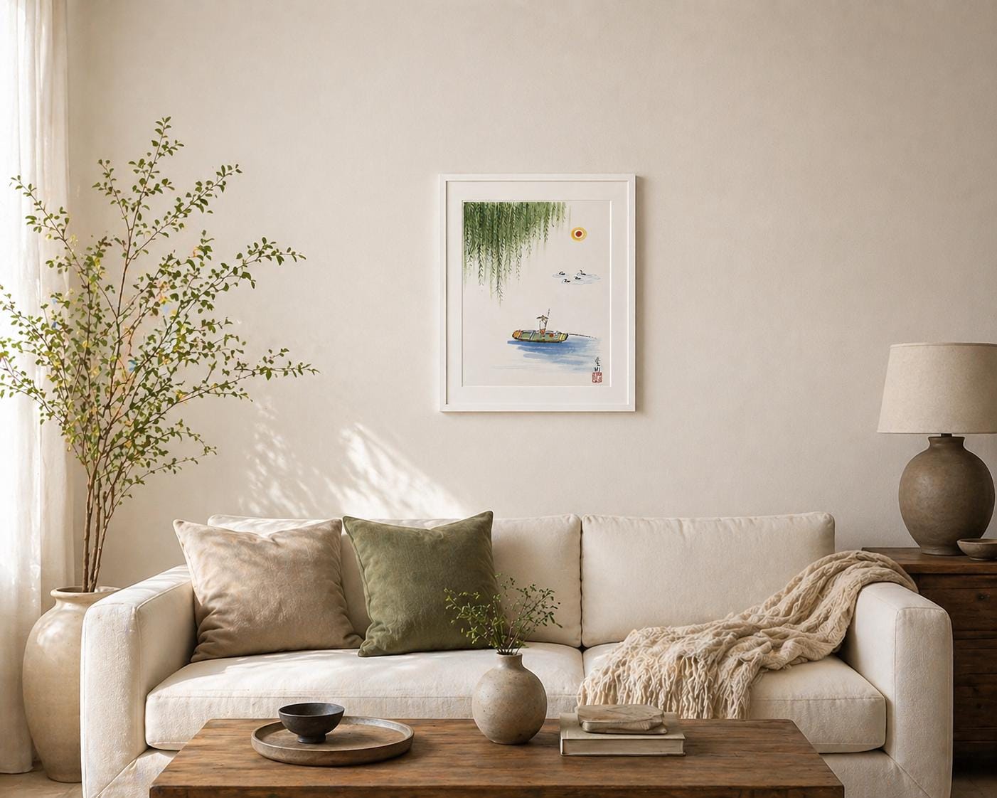 Korean Ink Painting Wall Art | Minimal Boat Landscape | 8x10 Framed Art | Asian Calm Decor | Zen Wall Art | Traditional Korean Artwork