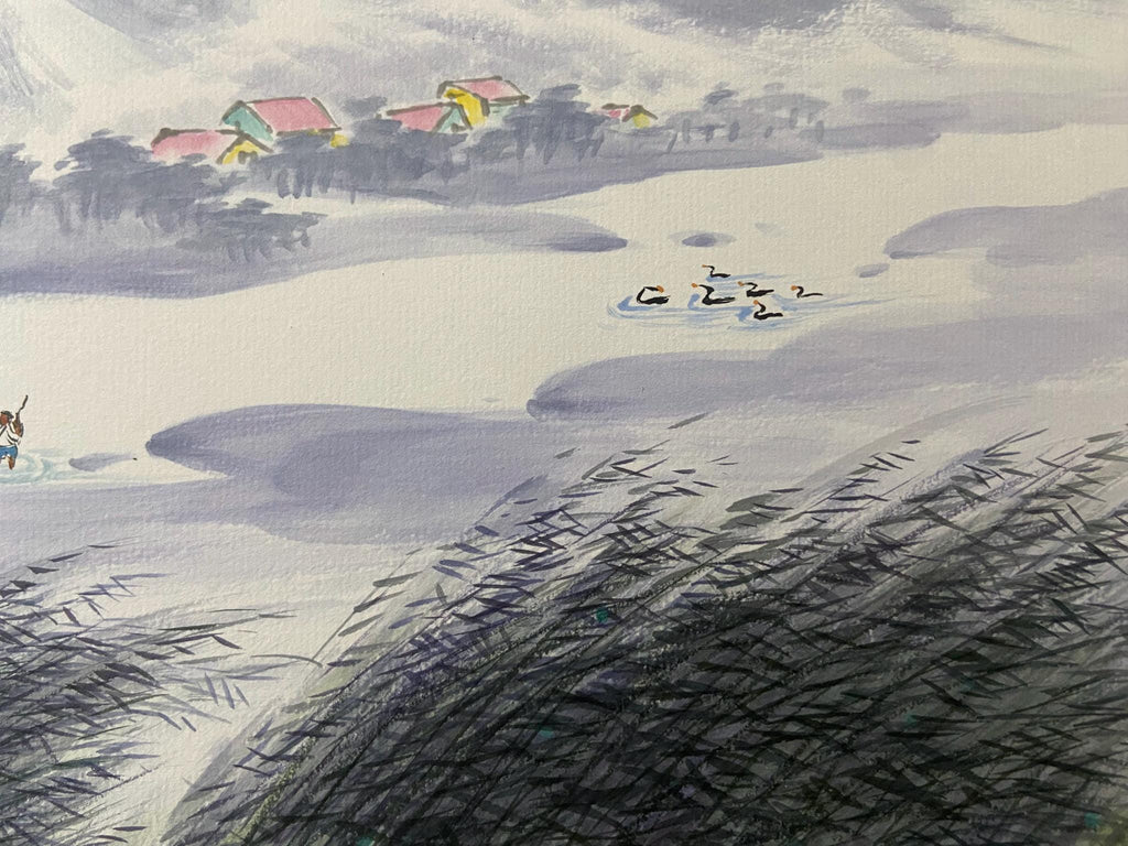 Fishermen, Mountain Village, Nature Scene, Original Asian Art, Korean Watercolor Landscape, Traditional Korean ink painting, Calligraphy Art