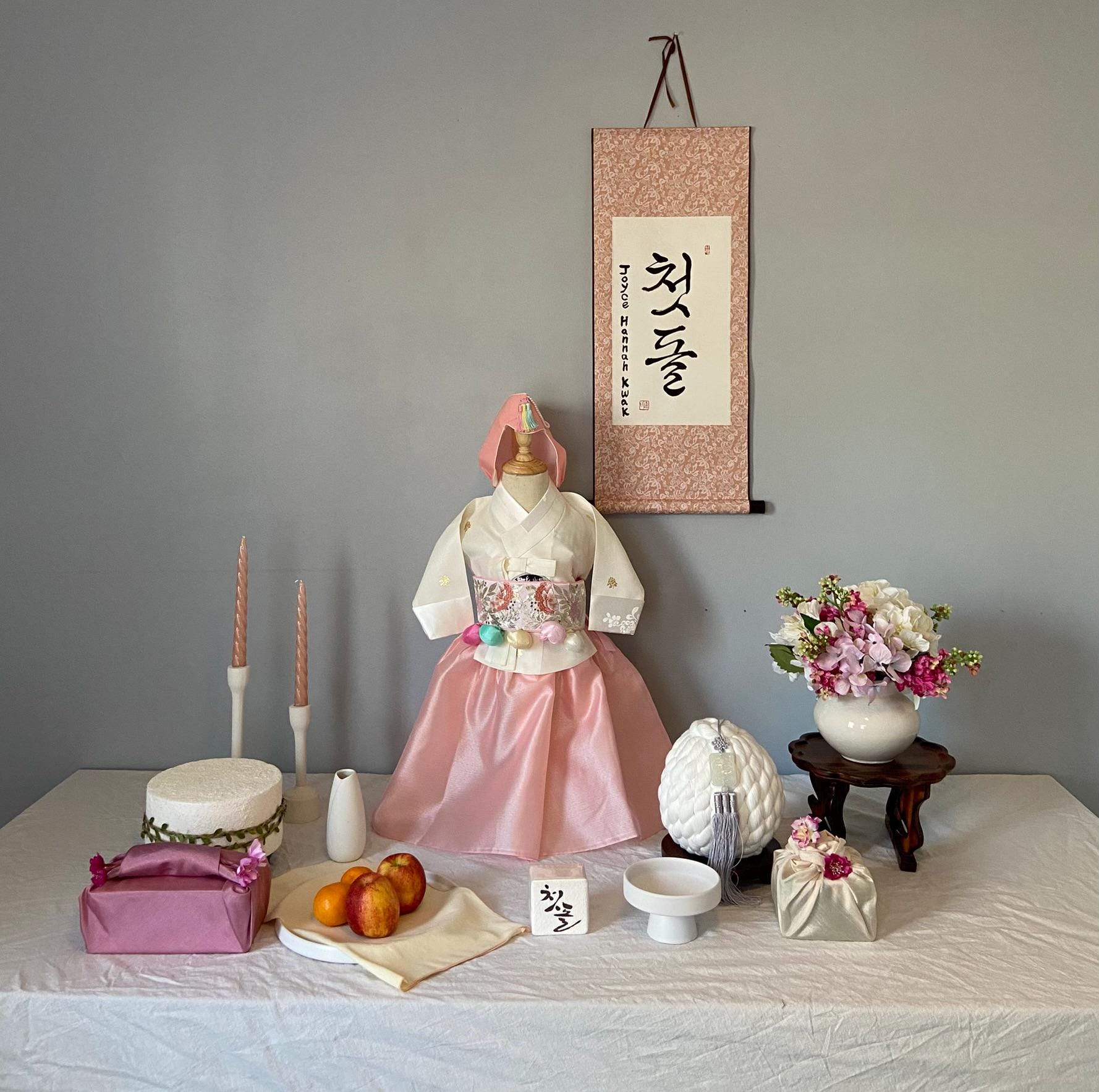 Korean Doljanchi Table Rental with Moon Jar | Dal Hangari | First Birthday Dol Table Setup | Traditional Korean Decor | Pink Theme | FREE SHIPPING
