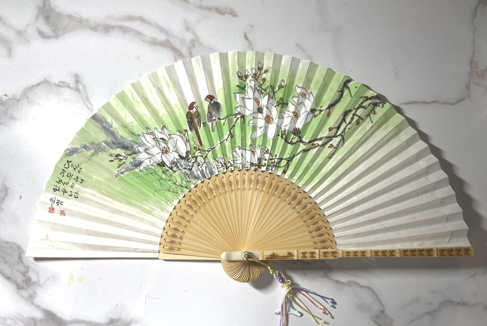 Korean Traditional Folding Fan, Hand Painted Magnolia Fan, Korean Calligraphy Art Fan, Asian Wall Decor, Handmade Gift