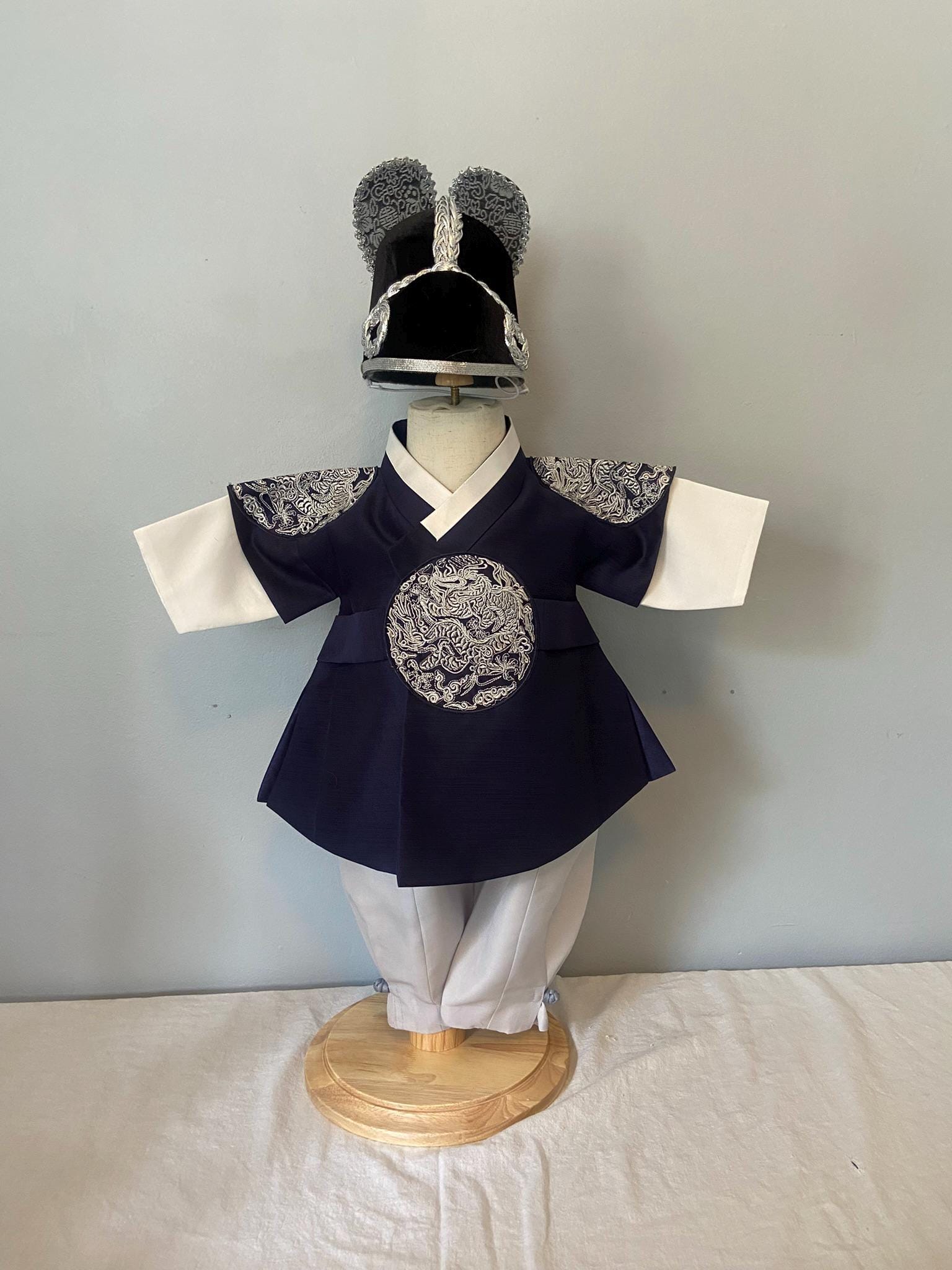 Boy A Hanbok Rental | Navy & Ivory 100 Days Hanbok | Korean Baby Boy Baekil Outfit | Royal Style Traditional Korean Dress with Hat | Size 0