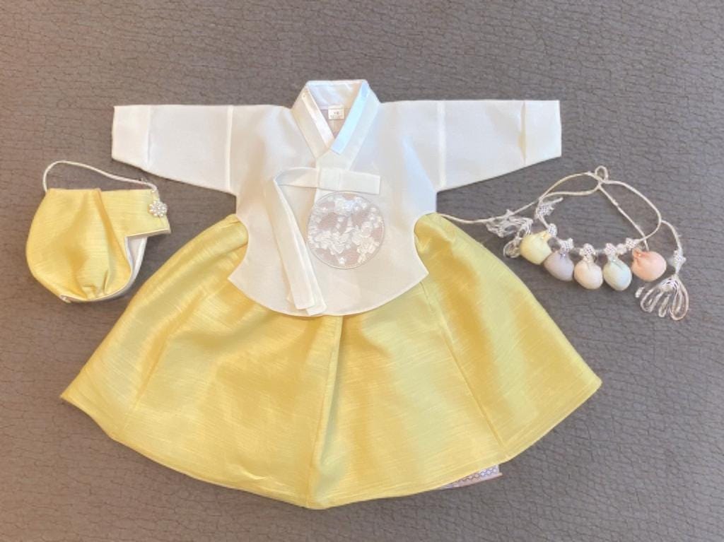 Girl H Hanbok Rental | Yellow & Ivory Dol Hanbok Set | Korean Baby Girl Doljanchi Outfit | Baekil or 1st Birthday Korean Dress | Size 1