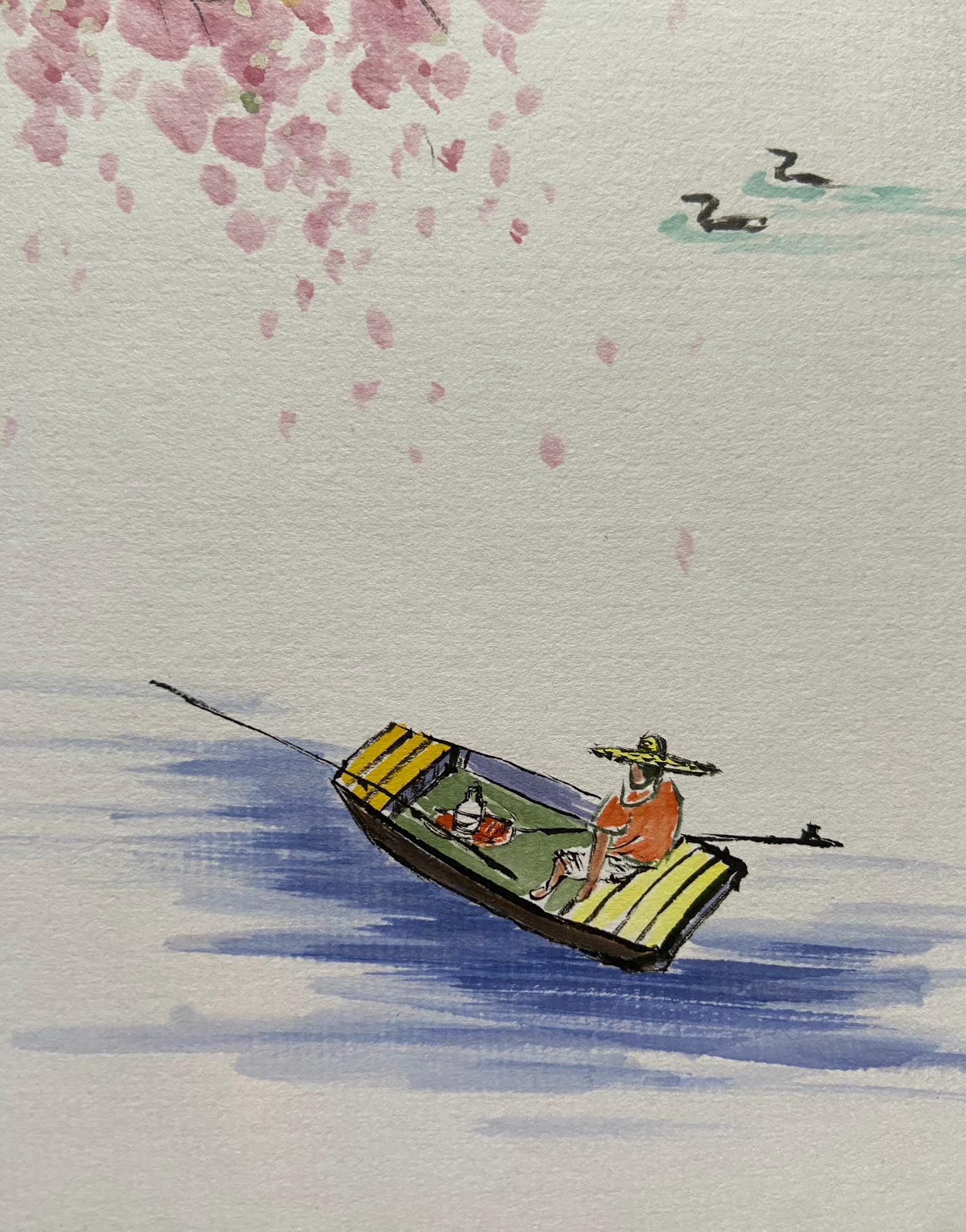 Cherry Blossom Boat Korean Ink and Watercolor Painting, Tranquil Spring Scene, Traditional Asian Art, Korean Traditional Art Wall Decoration