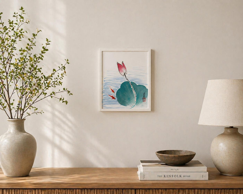 Korean Lotus Painting | Minimal Floral Wall Art | 8x10 Framed Art | Asian Ink Painting | Koi Fish Art | Zen Home Decor | Handmade Artwork