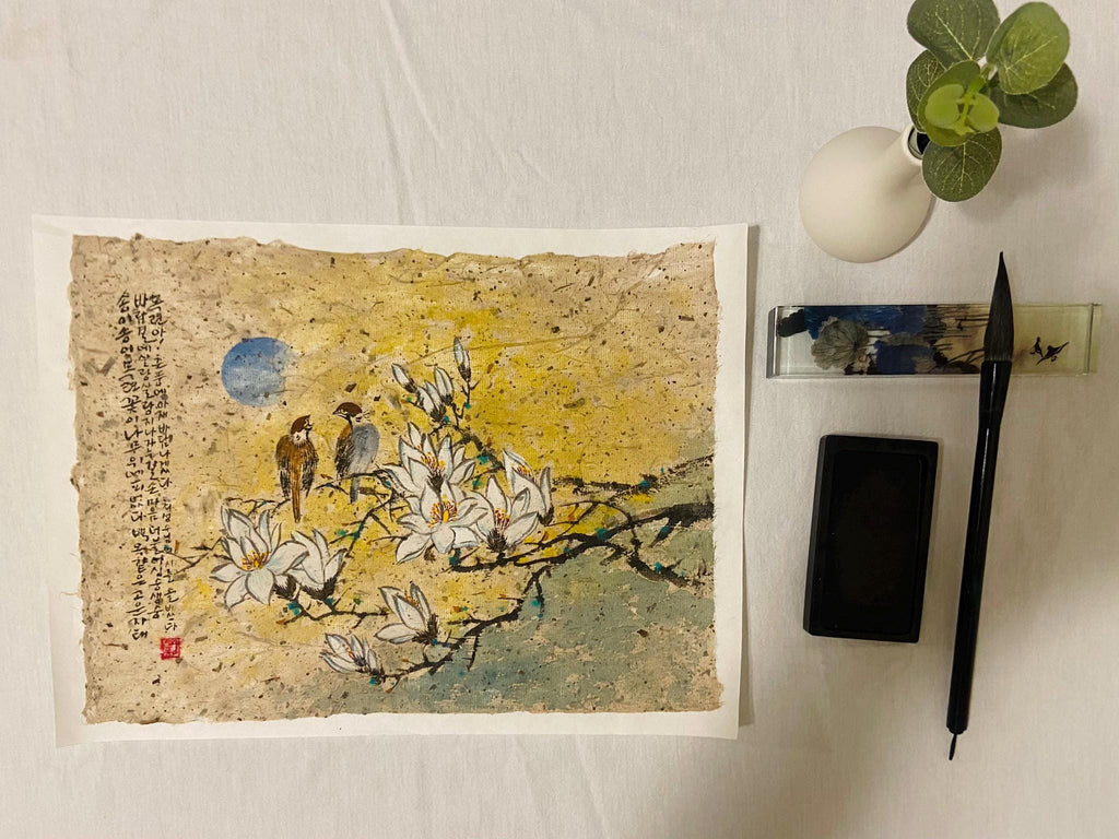 Korean traditional art, Korean folk painting, Korean Traditional landscape painting, Korea wall decor, Minhwa, Unique Gift, Bird, Magnolia
