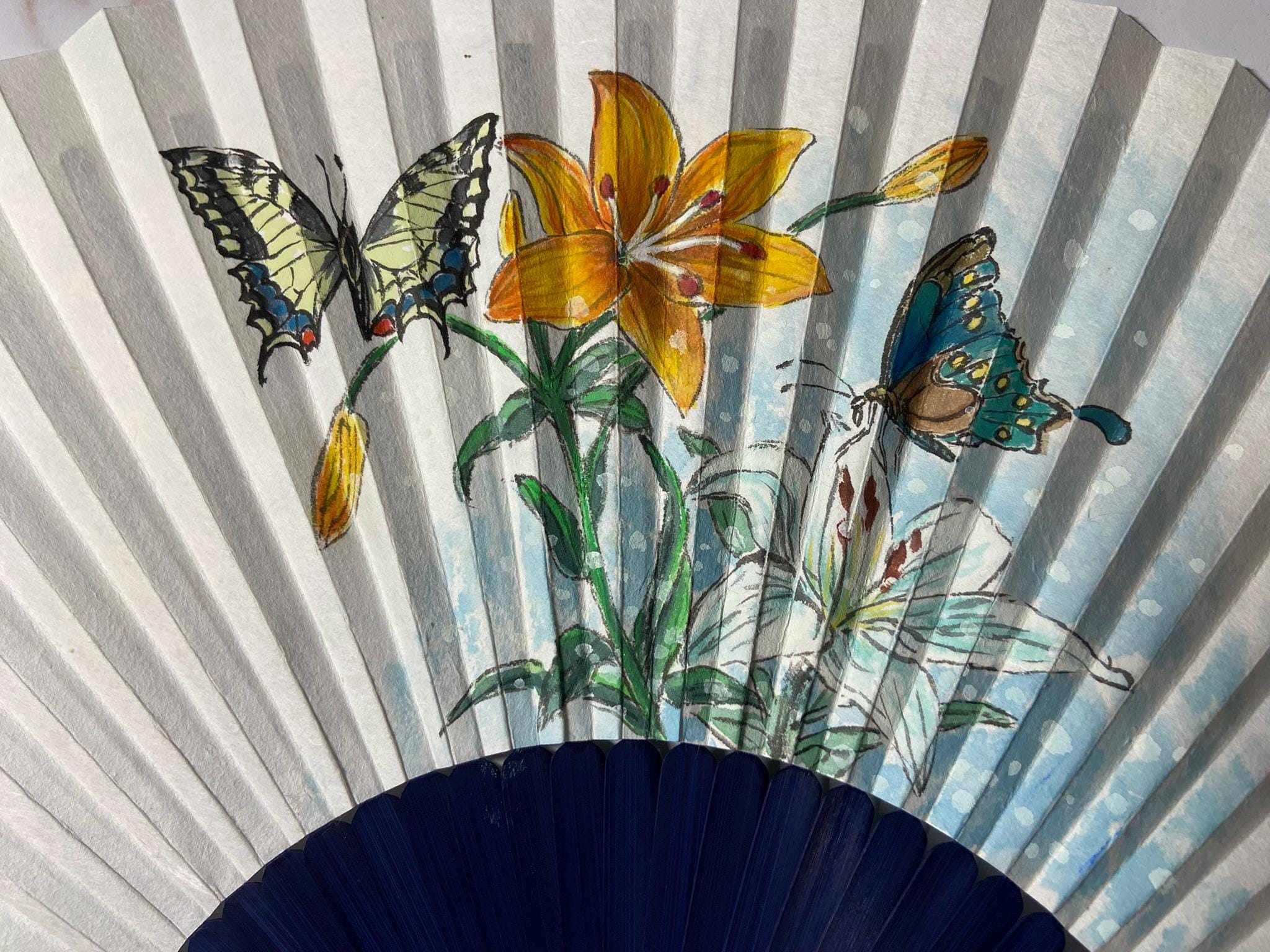 Korean Calligraphy Fan: Hand-Painted Butterflies & Flowers, Blue Asian Wall Art