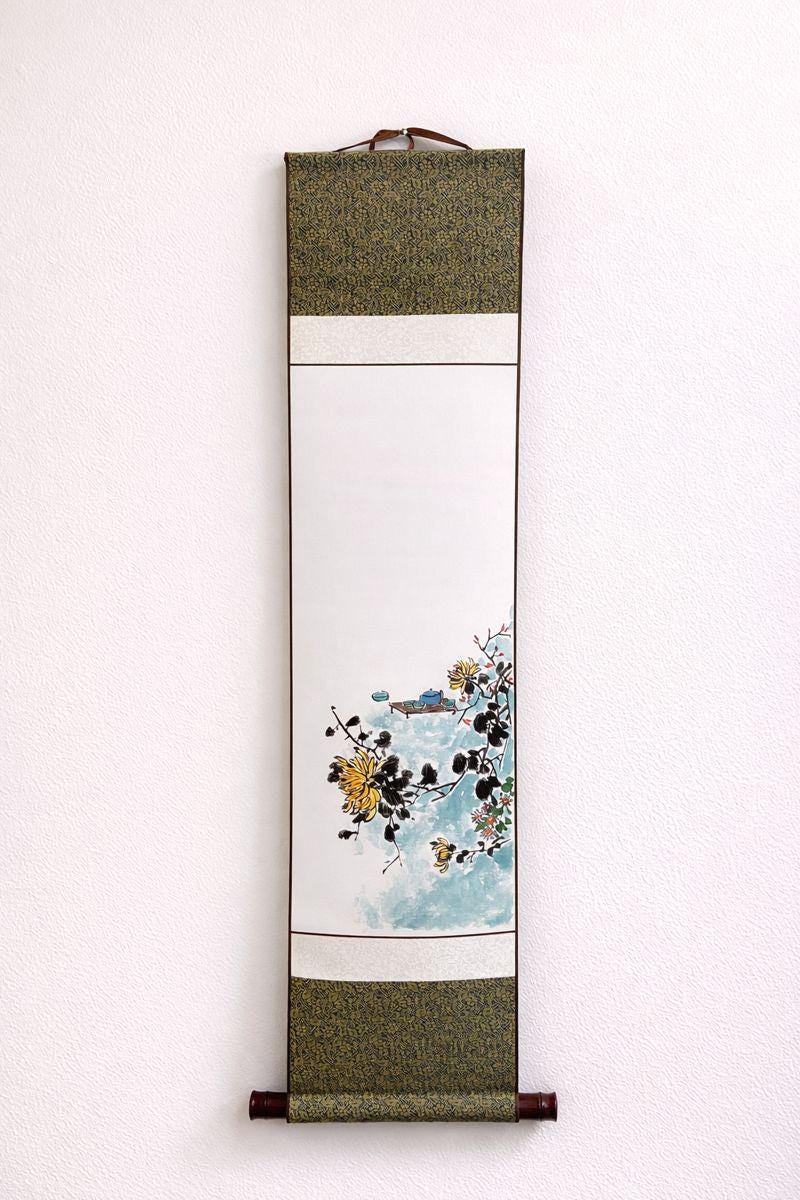 Floral Painting Scroll | Asian Hanging Scroll Wall Art | Custom Calligraphy | Zen Minimalist Home Decor | Original hanging scroll artwork