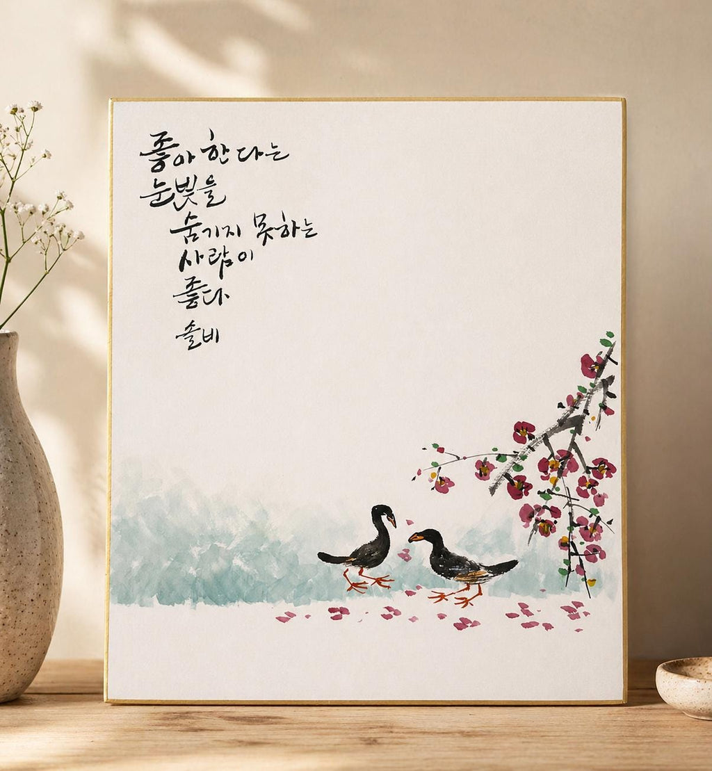 Korean Love Calligraphy Painting, Romantic Duck Art, Hand Painted Couple Artwork, Korean Wall Decor, Anniversary Gift, Love Quote Artwork