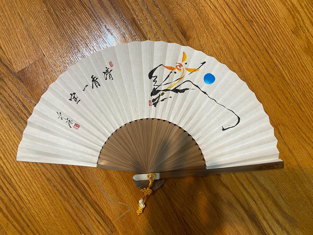 Korean Traditional Folding Fan with Hand-painted Mountain Landscape and Calligraphy, Tassel, Cultural Art Gift, Asian Decor, Gift Wrap