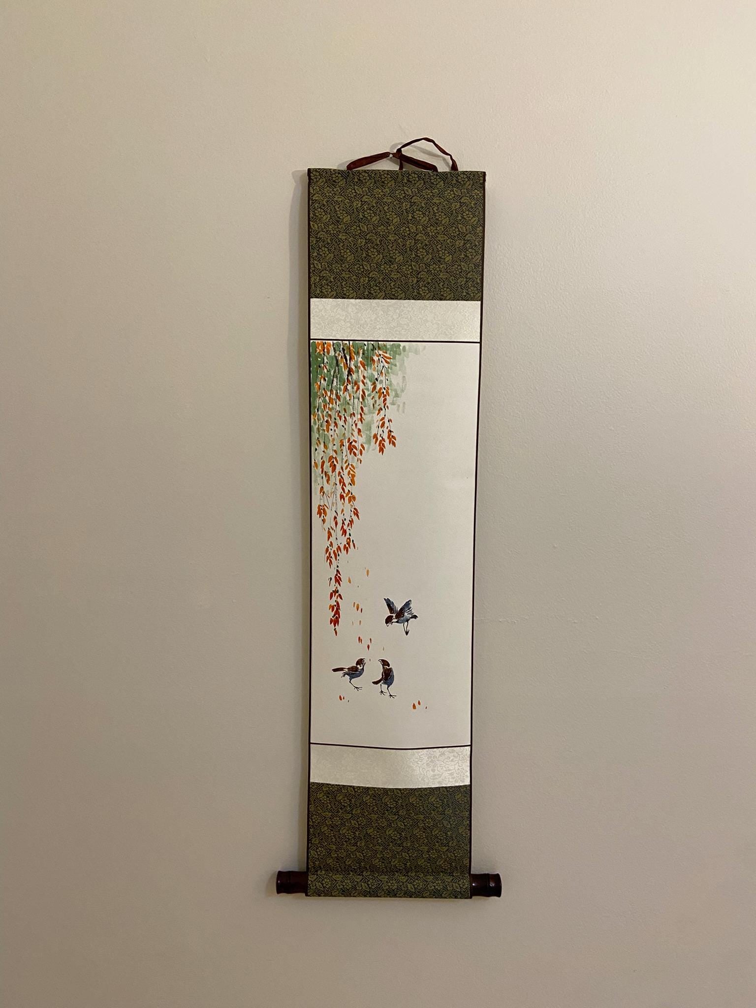 Asian Wall Art | Birds & Nature Painting | Personalized Calligraphy | Zen Minimalist Decor | Traditional Korean Hanging Scroll