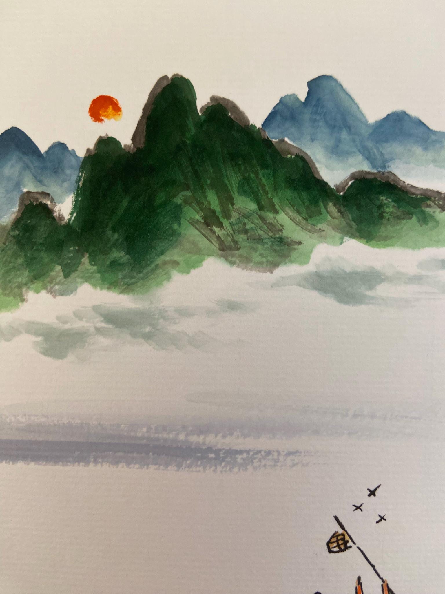 Korean Landscape Painting with Calligraphy | Fisherman Boat Art | 8x10 Framed Wall Art | Handmade Ink Painting | Asian Zen Decor