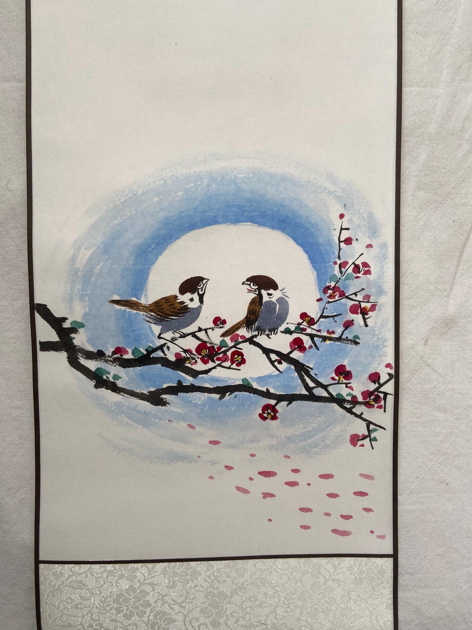 Asian Wall Art | Birds & Nature Painting | Personalized Calligraphy | Zen Minimalist Decor | Traditional Korean Hanging Scroll