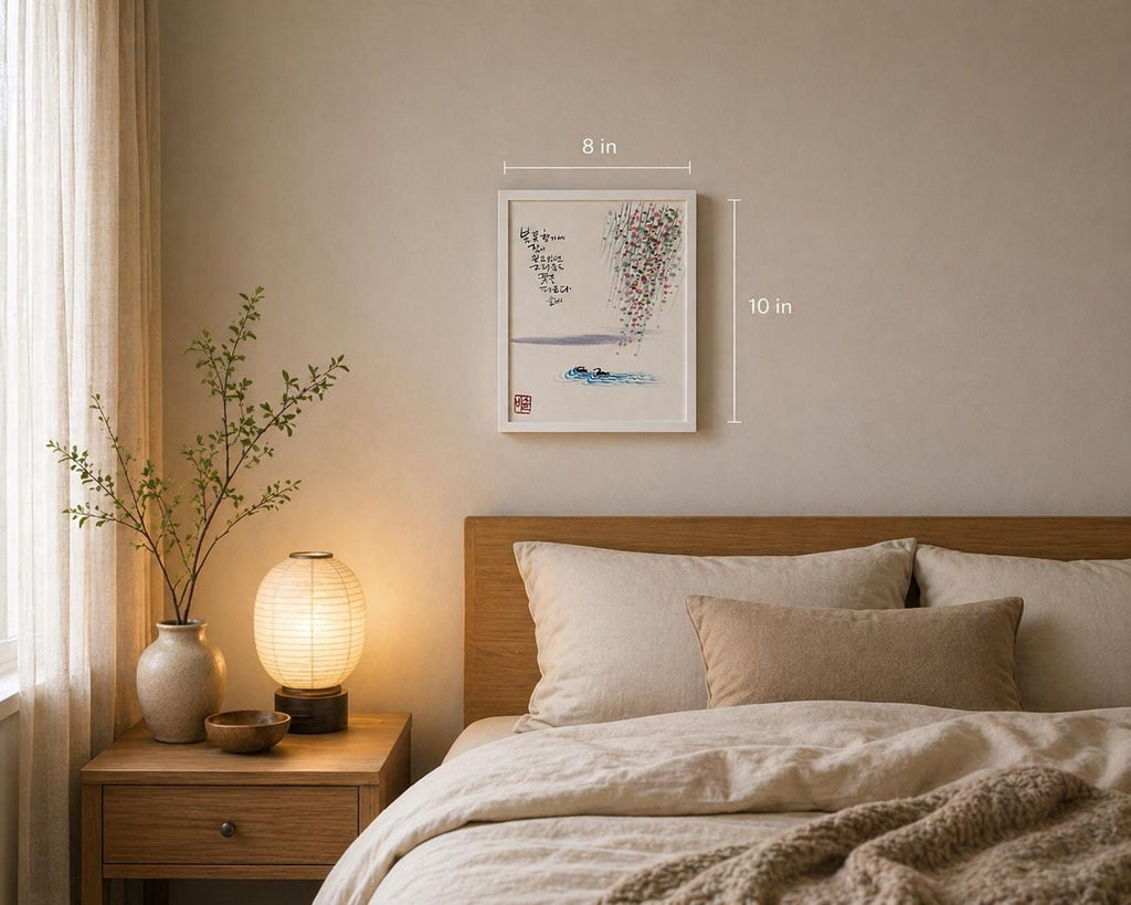 Korean Calligraphy Art with Floral Painting | Swan Couple Wall Art | 8x10 Framed Artwork | Handmade Ink Painting | Romantic Zen Decor
