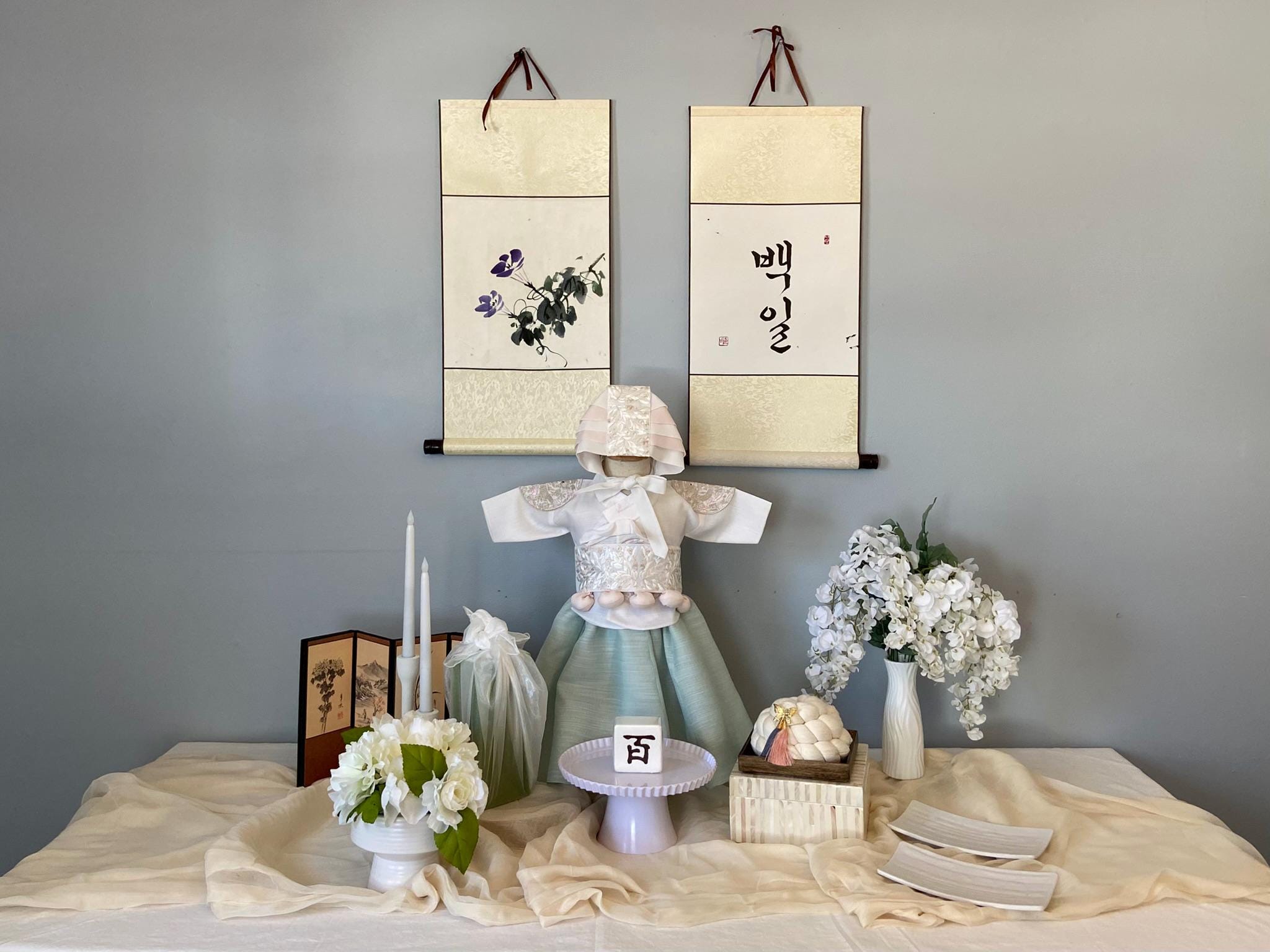 Girl A Hanbok Rental | Mint & Ivory 100 Days Hanbok | Korean Girl Baekil Outfit | Elegant Traditional Korean Dress | Baekil Sign | Size 100