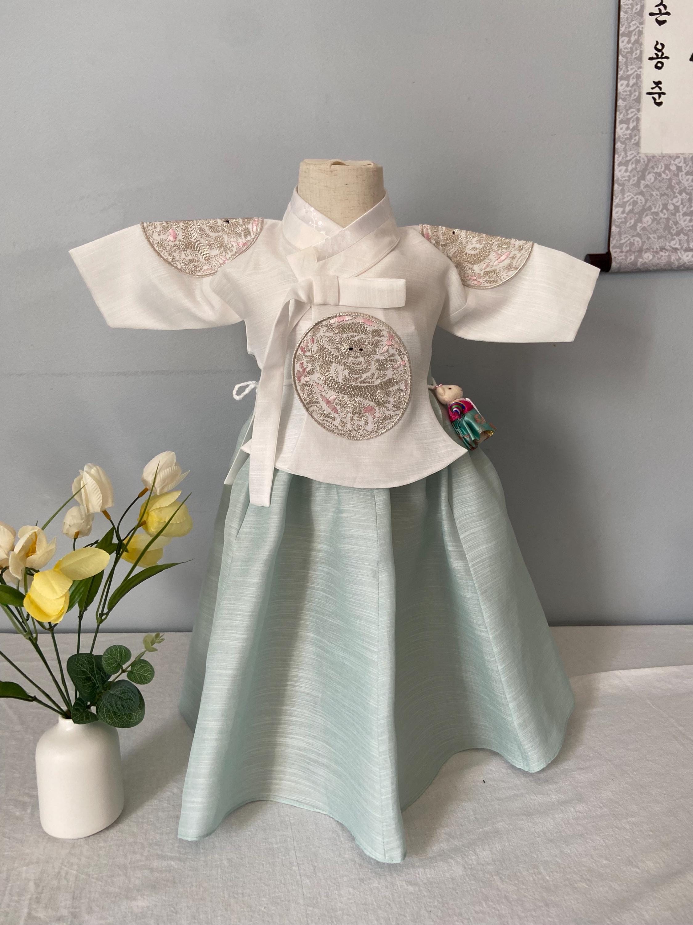 Girl A Hanbok Rental | Mint & Ivory 100 Days Hanbok | Korean Girl Baekil Outfit | Elegant Traditional Korean Dress | Baekil Sign | Size 100