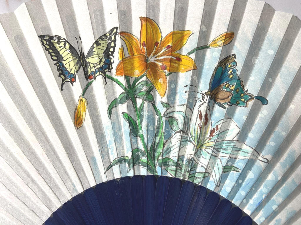 Korean Floral Folding Fan, Hand Painted Butterfly & Lily Fan, Korean Calligraphy Fan, Asian Wall Decor, Handmade Gift for Mom