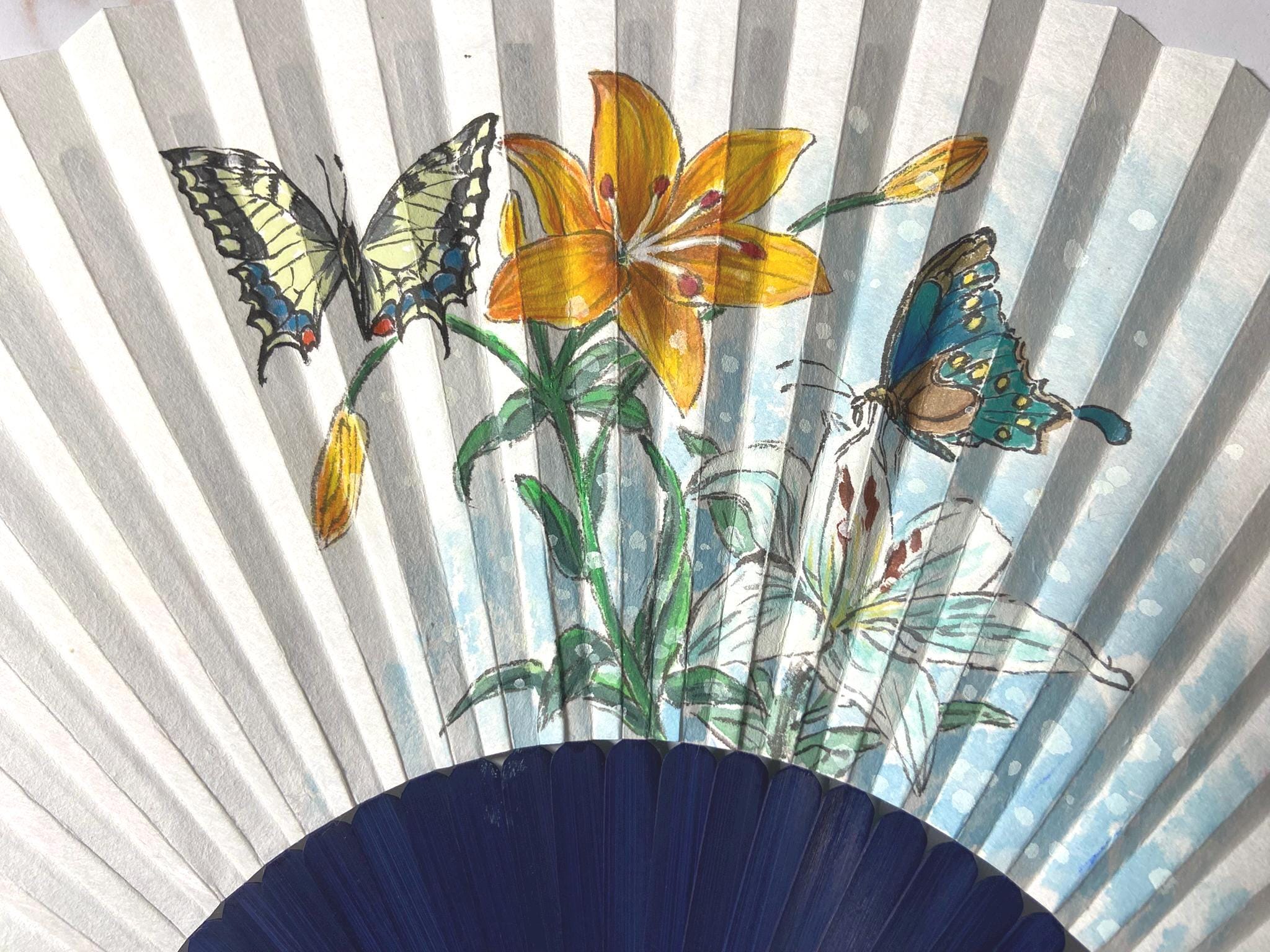 Korean Floral Folding Fan, Hand Painted Butterfly & Lily Fan, Korean Calligraphy Fan, Asian Wall Decor, Handmade Gift for Mom