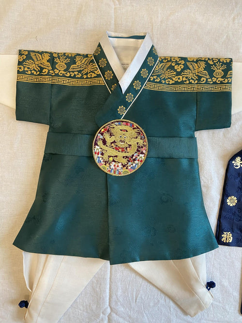 Boy B Hanbok Rental | Green & Gold 100 Days Outfit | Baby Boy Baekil Hanbok | Royal Traditional Hanbok Rental | Boy Hanbok Set | Size 0