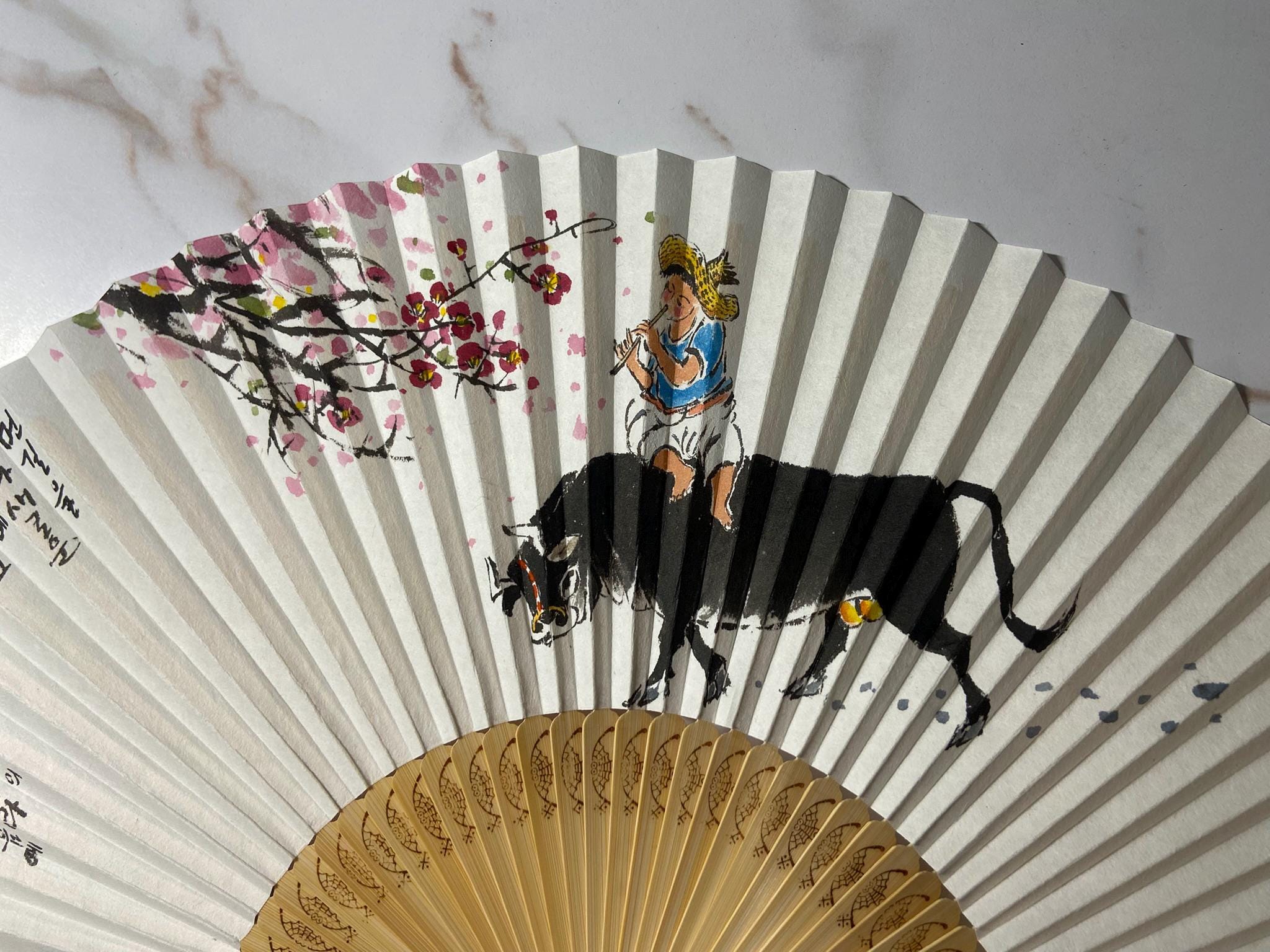 Hand Painted Korean Folding Fan: Ox & Boy, Plum Blossoms