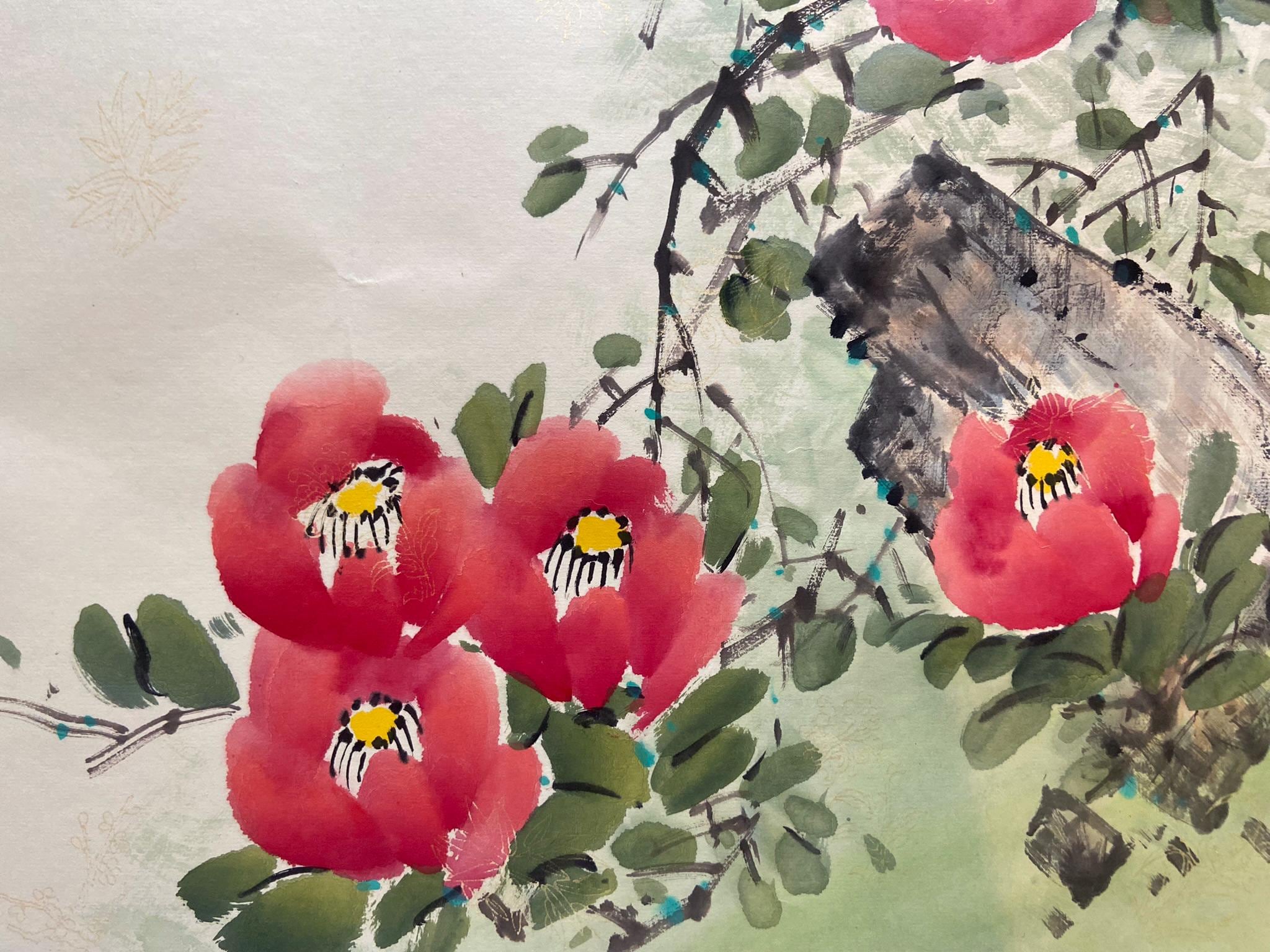 Hand drawing Korean traditional art, Korean folk painting, Korean Traditional landscape painting, Wall decor, Unique Gift, Camellias, Minwha