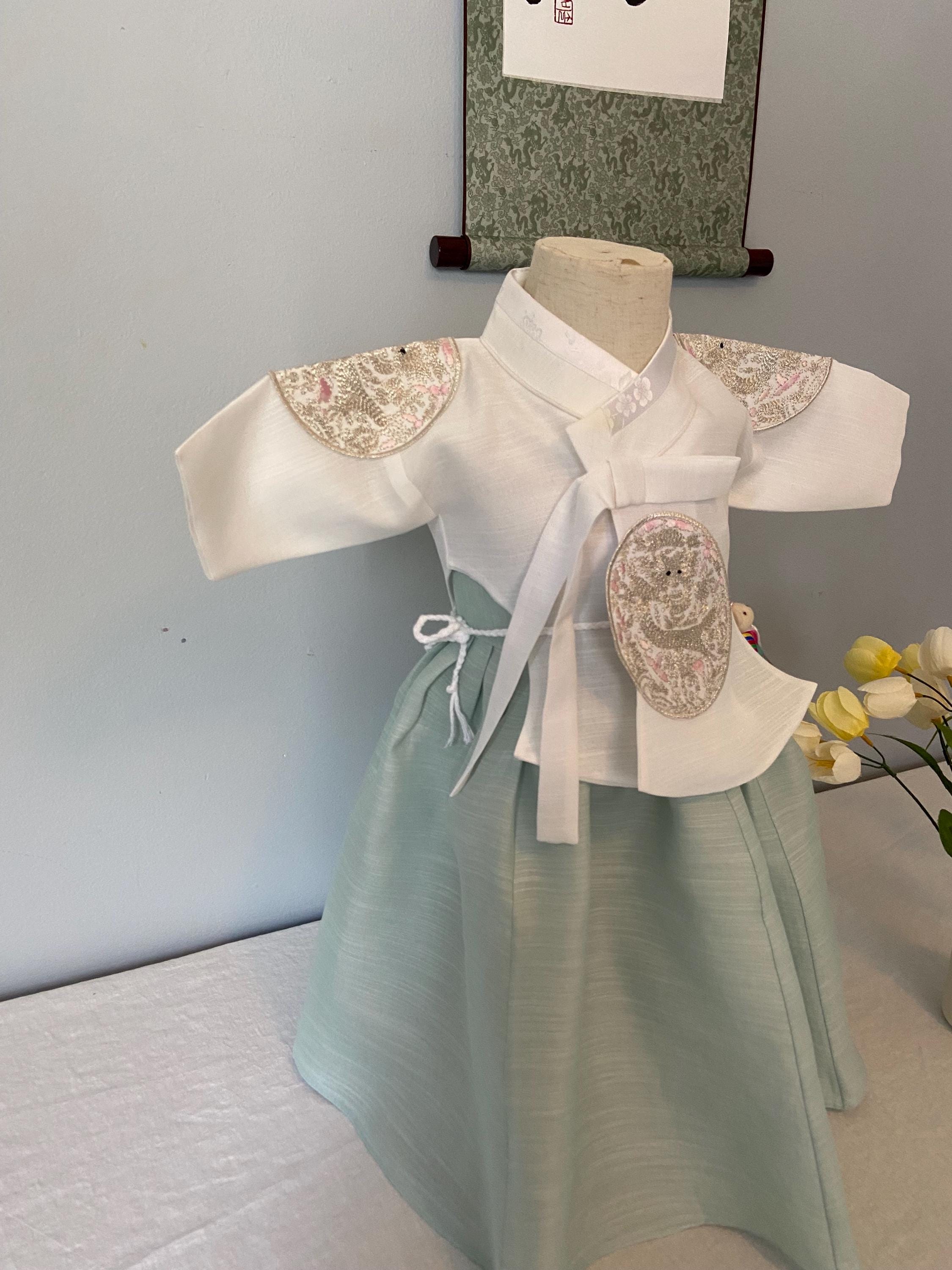 Girl A Hanbok Rental | Mint & Ivory 100 Days Hanbok | Korean Girl Baekil Outfit | Elegant Traditional Korean Dress | Baekil Sign | Size 100